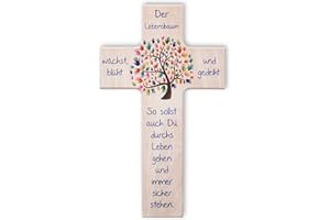 Fritz Cox Holzkreuz Lebensbaum | Das besondere Geschenk für unsere Liebsten | Wandkreuz zur Taufe, Kommunion, Geburt | 15 cm