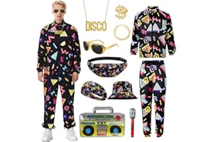 COYBTO Disfraz Años 80 Hombre, Ropa Deportiva de Los Años 80 90 con Chaqueta Pantalones Retro Accesorios, Ropa Años 80 Disfraz, Conjunto Deportivo Años 80 para Carnaval Fiesta Cosplay