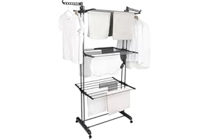 BARGAIN FACTORY Airer Clothes Drying Rack,4-Tier Grey Foldable Clothes Hanger Adjustable Large Stainless Steel Garment Laundry Racks for Indoor Outdoor with Foldable Wings