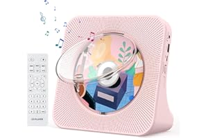 Gueray Lecteur CD Portable Mural Lecteurs CD Bluetooth de Bureau pour la Maison, Double Haut-parleurs HiFi Intégrés, Prise AUX et Casque, Radio FM Boombox avec Télécommande Port USB Écran LCD(Rose)