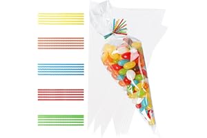 KOYIGO 100pcs Sweet Cones Bags, 16x30cm Cone Bags with 100pcs Colorful Ties, Triangle Transparent sweet cones Bags for Halloween Christmas Party, Snacks, Candy, Cookie, Popcorn