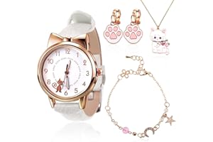 Vokmon Orologio da polso a forma di gatto, facile da leggere, semplice e casual, per bambini, orologio da polso per ragazze, anni, collezione di collane per bambini, 6-15y