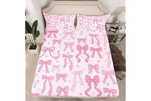 Homemissing Bow Star Print Bed Sheet Set Single Size Cute Bowknot Fitted Sheet for Kids Boys Girls Decor Girls Bow Bedding Set Microfiber Pink Bow Bed Cover Bedroom