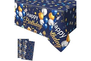 Xinvery 2PCS Blue Gold Party Tablecloth, Happy Birthday TableCloth Balloons Star Table Covers Plastic Rectangular Tablecloths for Boys Men Birthday Baby Shower 137 x 274cm