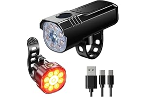 ASUNND USB Ricarica Luci Bicicletta, IP65 Impermeabili di Montagna/Autostrada di Luci Anteriori e Posteriori，8+7 Modalità，Fari Lega di Alluminio Con Faretto & Flood，Adatti Escursioni Campeggio e Corse