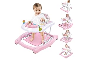 LIUFASHI 5 in 1 Baby Lauflernhilfe, Lauflernwagen Klappbar mit Höhenverstellbar und Geschwindigkeit, Abnehmbare Trampolinmatte, Babywippe mit Spielecenter, Esstisch Laufstuhl, Baby Walker ab 6 Monaten, Rosa