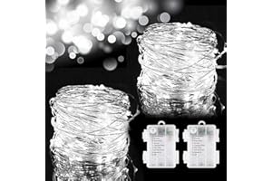 OREUNIK Battery Operated Fairy Lights,2 Pack Each100 LED Battery String Lights,Waterproof Fairy Lights Battery Operated 33Ft Silver Wire Fairy Lights for Bedroom,Wedding,Birthday,Party,Christmas Decor(White)