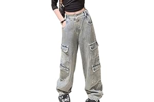 Maeau Jeans mit Weitem Bein für Mädchen, Denim Hose Gerade, Cargo Freizeithose mit elastischem Bund und Taschen, Größe 120-170