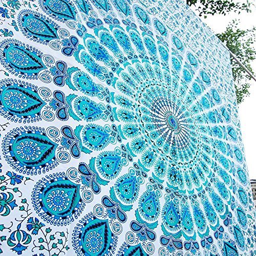 indian-hippie bohemian-ethnic-psychedelic peacock-mandala wall-hanging-tapestry-blue-green twin-size-54 X 72