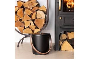 Charles Bentley Snug Plum Ash Bucket with Leather Handle Black Matte Iron Traditional Style