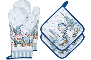 Arquiel Guanti Da Forno Presina Set Di 4 Natale, 100% Cotone Addensare Guanti Da Forno A Microonde, Presine Da Cucina Antiscivolo Resistenti Al Calore Per Cucinare Forno Regalo(folletto invernale)