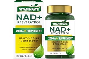VITAMINFATE NAD+ Supplement 2000 mg - 120 Cápsulas | NAD+ Verdadero y Resveratrol, Alternativa al NMN | Apoya el Antienvejecimiento, la Energía Celular y la Reparación, el Metabolismo y Refuerza el Cerebro para H