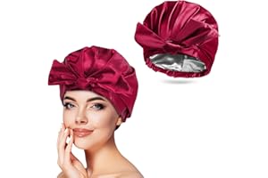 Arqumi Shower Cap, Reusable Bath Cap for Women Men, Waterproof Double-Layer Shower Cap with Ribbon Bow Large Elastic Hair Bath Cap Hair Bonnet for Long Thick Hair Wine Red