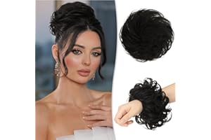 ‎RUWISS RUWISS Unordentlicher Haarteil 100% Echthaar Rose Dutt für Frauen Echthaar Scrunchies Hochsteckfrisur Haarteile Gelockt Bun Verlängerung Pferdeschwanz Unordentlicher Brötchen(Natürl Schwarz)