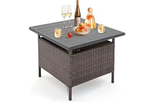 RELAX4LIFE Rattan Dining Table, Outdoor Wicker Coffee Table with Umbrella Hole & Slat Tabletop, Square Side Tea Table for Patio Garden Backyard Poolside (With 5CM Umbrella Hole)