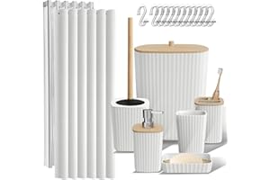 Clara Clark Bathroom Accessories Set - Bathroom Accessory Set with Shower Curtain Set, Toilet Brush, Trash Can & Soap Dispenser (White, Complete Set)