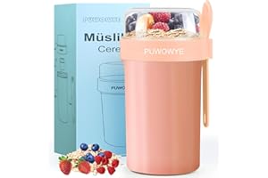 PUWOWYE Kubek musli na wynos 760ml+230ml, kubek jogurtowy na wynos z łyżeczką i pokrywką, szczelny kubek musli na wynos, różowy