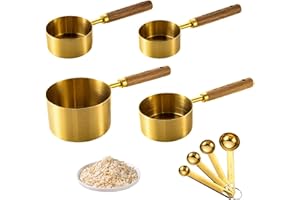Vyanveo Set di 8 Misurini Cucina e Cucchiaio Dosatore In Acciaio Inossidabile 60+80+125+250ml Measuring Cups con Manico in Legno Per Razioni A Secco E Liquidi, Per Cucinare E Cuocere Al Forno
