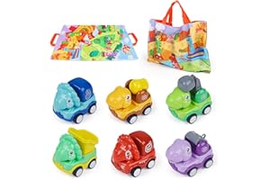ZHUOYOU Dinosaure Jouets Voiture, Baby Jouet Voiture à Tirer pour 1 2 3 Ans Garçon, 6 Pièces Pousser Aller Jouer avec Tapis de Jeu et Sac Stockage, Enfant Jeux Anniversaire Cadeau pou 12 18 Mois Fille