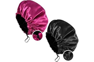 Fuyamp 2 Packs Satin Sleep Cap Shower Cap,Adjustable Silky Sleep Bonnet Bath Cap for Women Long Curly Hair, Double-Sided Waterproof Satin Hair Cap for Women Bathing Sleeping