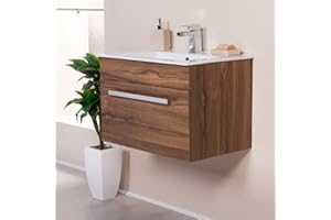 Aquariss Walnut Rectangular Wall Hung Bathroom WC Vanity Unit & Basin with Soft Closing Drawers 600mm