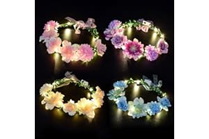 liuer LED Flower Wreath Headband, 4 Pieces LED Hair Band with Flower, Hair Wreath, Luminous Flower Crown, Flashing Hair Garland, Headpiece for Birthday, Wedding, Festival, Party