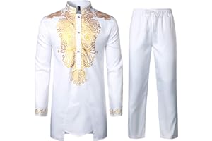 LucMatton Ensemble africain 2 pièces pour homme manches longues Imprimé Dashiki et pantalon Doré Costume traditionnel