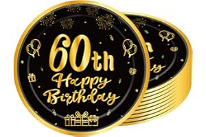POPOYU 16pcs Black and Gold Paper Plates 60th, Happy Birthday Disposable Tableware Paper Plates 9 Inch,Happy 60th Birthday Decorations Plates for Men,Women,Him,Her 60th Birthday Gifts Party Supplies