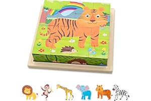 TK99SW Drewniane puzzle Montessori 6 w 1, motywy zwierzęce, zabawka z 16 kostkami, drewniana zabawka dla dzieci od 3, 4, 5 lat, kostki obrazkowe 3D, prezent dla chłopców i dziewczynek, 16 x 16 cm