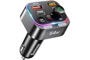 Syncwire Trasmettitore FM Bluetooth 5.4 54W PD&QC3.0 Caricatore per Auto USB C [Ricarica Veloce] [Microfoni Doppi & Suono dei Bassi HiFi] [Interruttore Luminoso] Ricevitore Radio Chiamate in Vivavoce