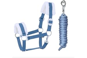 JA Horse Kunstfell Halfter Führstrick Set mit Panikhaken verstellbar Pferdehalfter Pferd Holzpferd Anbindestrick (Kunstfell Panikhaken Blau, Cob)