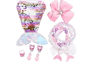 BERKELEN Bijoux pour Petites Filles, Parure de Bijoux Enfant Sirène Bourse avec Queue de Sirène Sequins Sac Bandoulière, Bracelet, Anneau, Boucles d'oreilles, Pinces À Cheveux Ensemble pour Filles