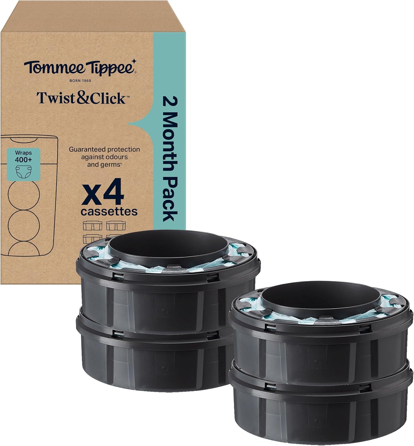 Tommee Tippee Twist and Click Advanced Nappy Bin Original Refill Cassettes, Exclusive Pack of 4, each 10.5 metres, for Easy refill and Great value, 4 X 10.5m (pack may vary)