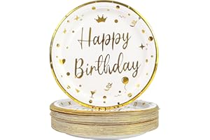 DHAIQC 50 Pezzi Piatti Carta Compleanno Oro Bianco, 18cm Piatti Usa e Getta Stoviglie per Feste di Compleanno Piatti Compostabili per Feste Matrimoni Compleanni Picnic Baby Shower (Compleanno Bianco, 18CM)