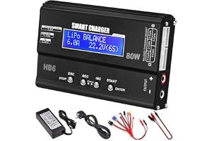 HTRC LiPo 80W 6A RC-laddare med AC/DC-balanserare | För LiPo/Li-Ion/LiFe 1-6S, NiMH/NiCd 1-15S, Pb 2-20V; 8-i-1-kabel för RC