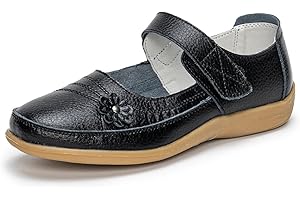 Rusffes Women's Leather Mary Jane Shoes - Black - Ladies Wide Fit - Flat - Casual, Work, Office, Nurse Shoes