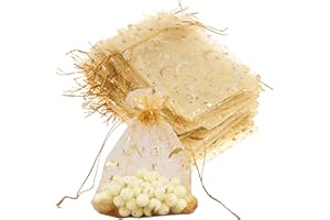 FAVORTALK Organza Bags, 30PCS Gift Bags Packaging Bags Drawstring Bags for Wedding Baby Shower Samples Display, Favor Bags Stars And Moon Rattan Print, 90x120 mm/ 3.5 x 4.7 inches, Gold