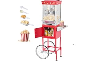 VEVOR Macchina per Popcorn con Carrello, Bollitore in Acciaio Inox da 0,2 kg, 800 W, 48 Tazze per Dose, Stile Cinema, con Controllo a 2 Pulsanti, con Parete in Vetro, 1 Misurino, 3 Cucchiai, Rosso