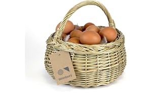 WRENBURY Cesta de recogida de huevos redonda de mimbre de 24 cm, cesta de recolección de frutas en sauce tejido tradicional, cosecha y caza de huevos, decoración para la cocina y el hogar