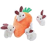 Amazon Basics - Giocattolo in peluche per cani, gioco del nascondino con coniglio e carota con squittio - 5 unità, Arancione 