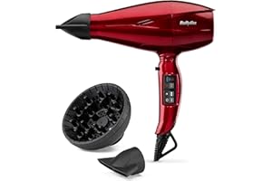 BaByliss Sèche-cheveux Pro Digital avec Diffuseur - Sèche-cheveux ultra-rapide et professionnel de 2200W, Ionique, Fabriqué en Italie, 3 températures & 4 vitesses avec Fonction Turbo, Rouge, 6001DE