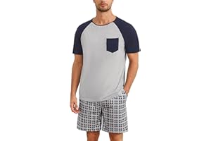 Jahetuul Pyjama Homme Court Pyjama en Coton D'été pour Homme Ensembles de Pyjama Homme 2 Pièces Pyjama Court pour Homme Ete Vêtements de Nuit Short à Carreaux Vêtements de Détente Doux et Confortable