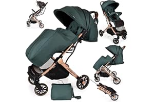 LIBREBON Baby Pushchair, Lightweight Stroller, Compact Travel Buggy, One Hand Foldable, Five-Point Harness, Foot Cover, Mommy Bag, Rain Cover, All Year Round (Green - Rose Gold Frame)