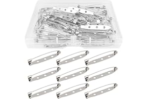 JUNFEIXUAN 50 Pcs Silver Bar Pins, Safety Pins - Secure Back Clasp - Reliable Brooch Pins for Various Uses Locking Pins Backs Safety Clasp Brooch (40MM, Silver)