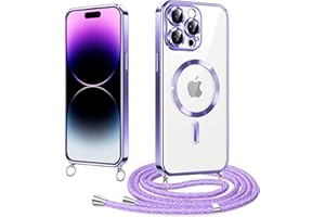 Woijrly Magnetische Handykette mit Band für iPhone 14 Pro Hülle, [Kompatibel mit Magsafe] Handyhülle Case mit justierbarer Schnur Abnehmbar Strap, Crossbody Schutzhülle zum Umhängen Kordel, Lila
