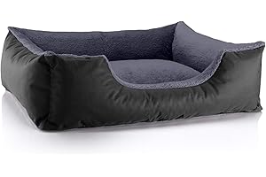 BedDog Hundebett Teddy, Hundesofa aus Cordura und Microfaser-Velours, waschbares Hundebett mit Rand, Hundekissen Vier-eckig, für drinnen, draußen, Größe L, schwarz-grau