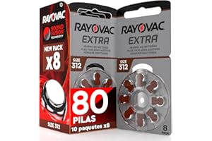 UDIVITA 80 Rayovac Extra Pilas para audífonos con Tecnología Sound Fusion tamaño 312. - 10 blísteres de 8 Pilas