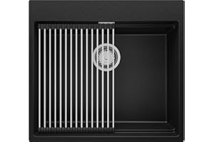 PRIMAGRAN Evier Cuisine en Granit Noir 58x53cm, Lavabo 1 bac + Kit de Vidage + Égouttoir Enroulable, Évier à Encastrer al mueble 60cm - Oslo Max S155