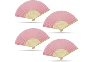 Grantop 4 Pcs Black Folding Hand Fan, Silk Fabric Bamboo Ribs Handheld Fan, Folding Chinese Fan for Wedding Christmas Party Prom Festival DIY Home Decorations (Pink)