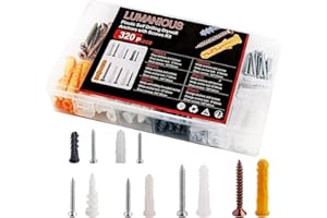 LUMANIOUS 320pcs Screws and Wall Plugs Set, 6 Different Assorted Size Raw Plugs for Drywall, Holds Up to 75lbs, No Pre Drill Hole Preparation Required
